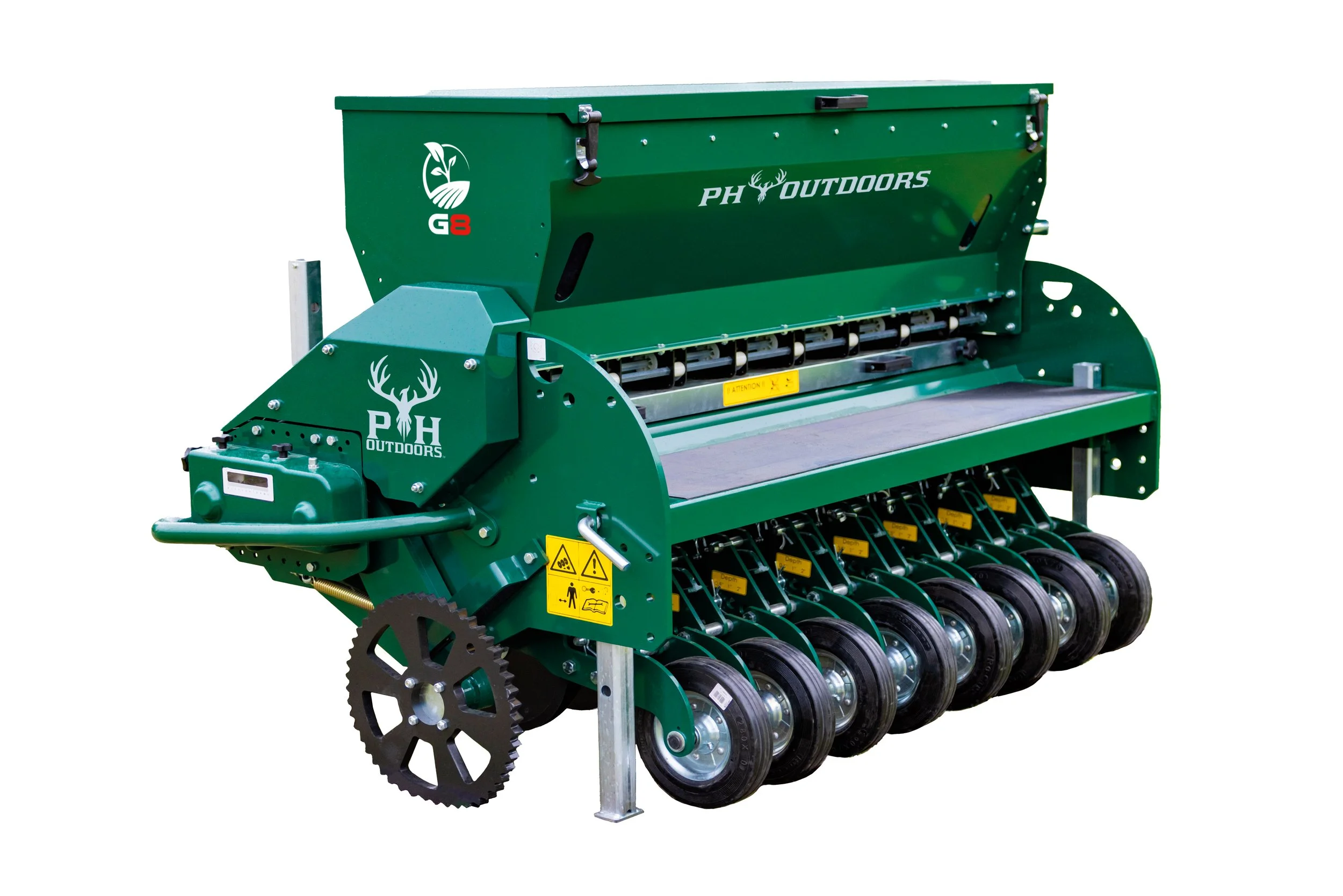 Green agricultural seed planter machine with rollers and warning labels, branded PH OUTDOORS, positioned on a plain white background.