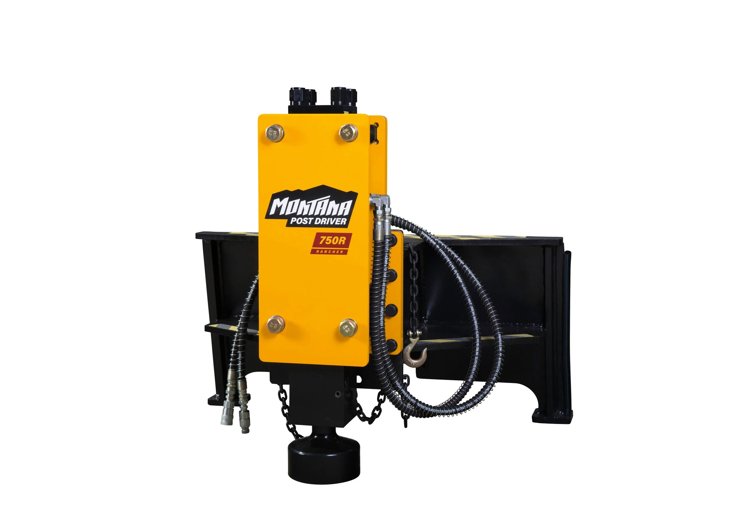 Yellow Montaña Post Driver machine with black and silver parts and hoses