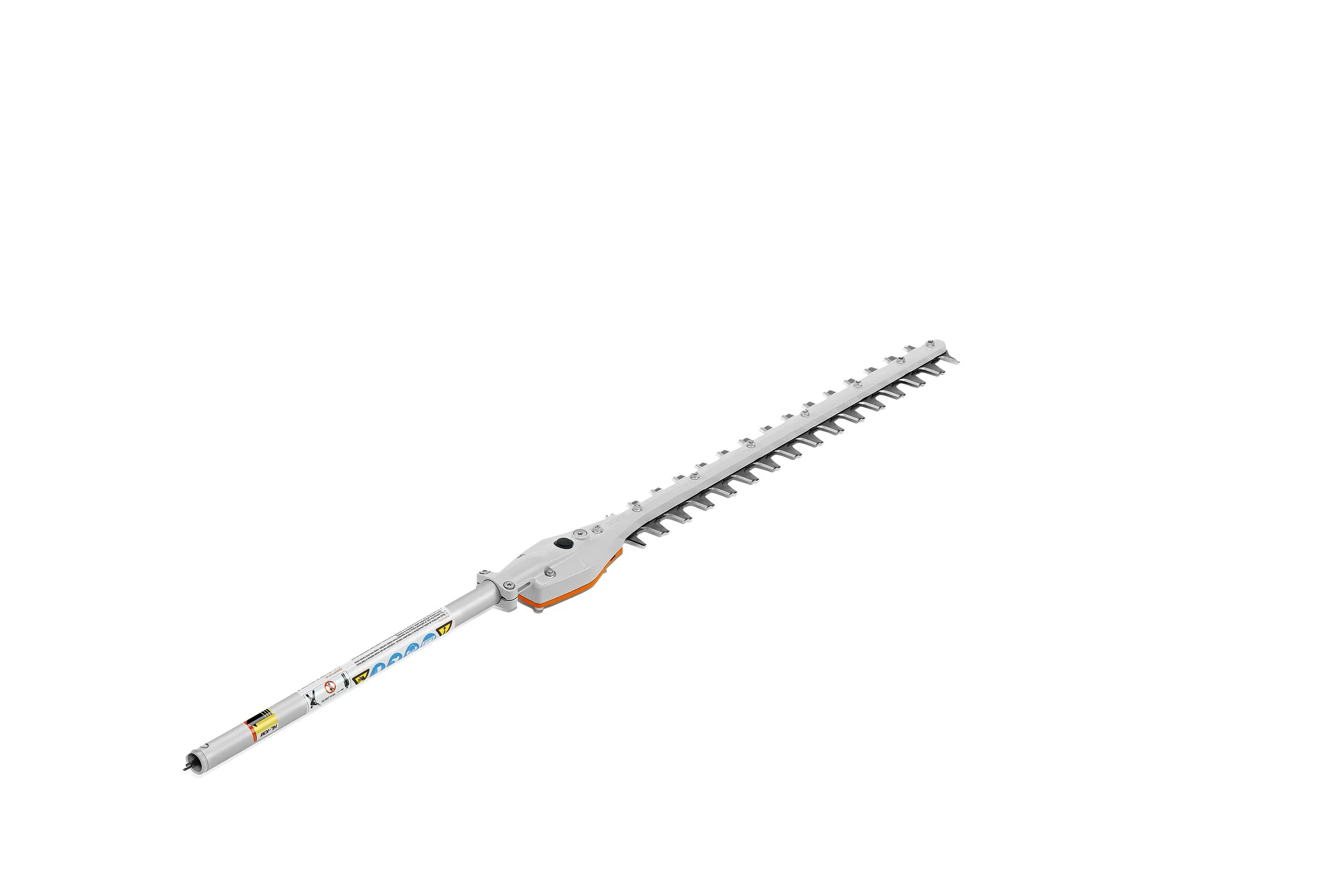 A cordless hedge trimmer with a long, silver blade and a white handle against a white background.