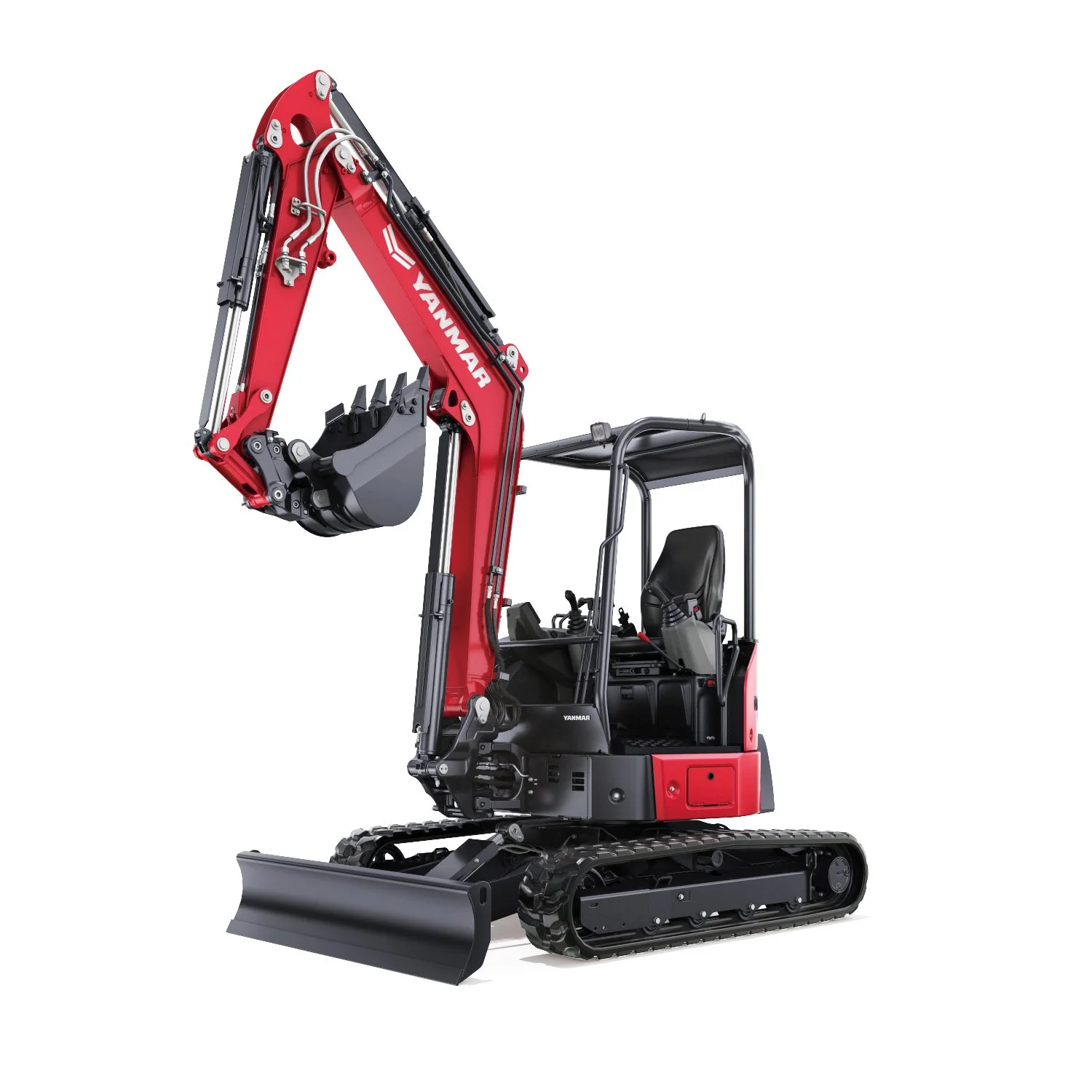 Mini excavator with black tracks, red arm, and a scoop attachment, branded Yanmar.