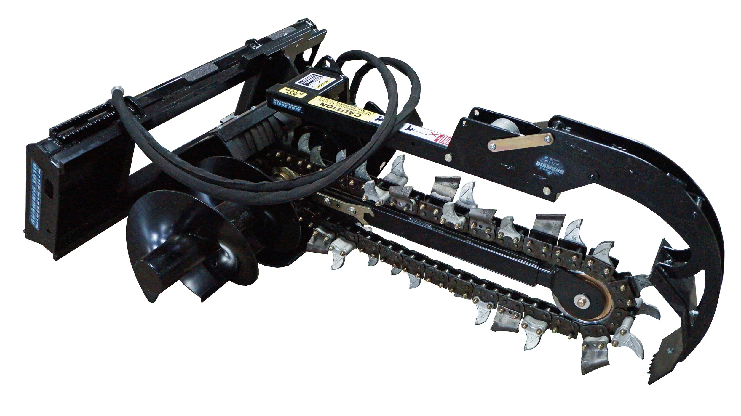 A tracked snow removal or ice-breaking machine with a chain and blade for cutting through snow or ice.