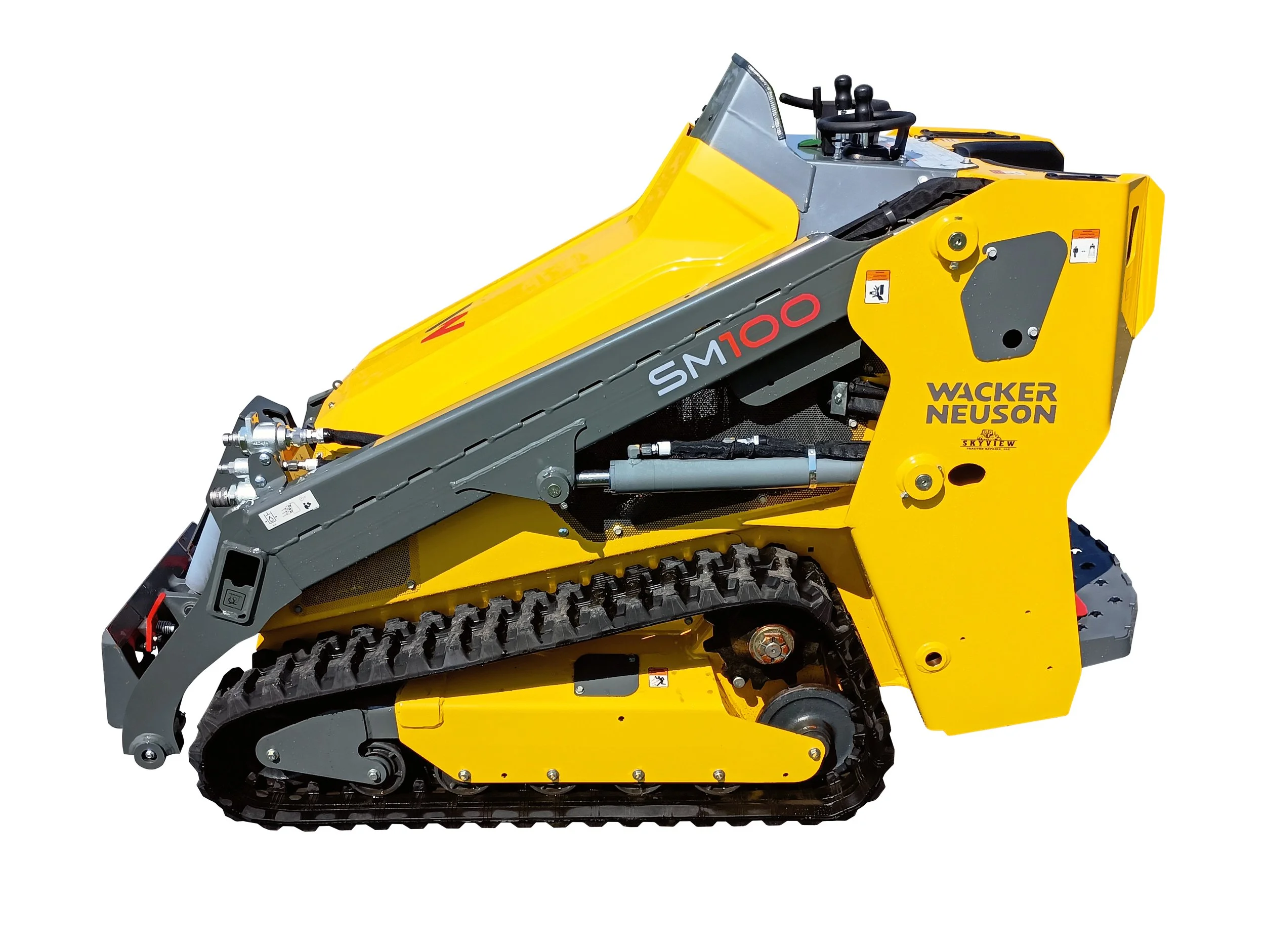 A compact yellow and gray tracked construction vehicle with the branding 'Wacker Neuson' and model 'SM100'.
