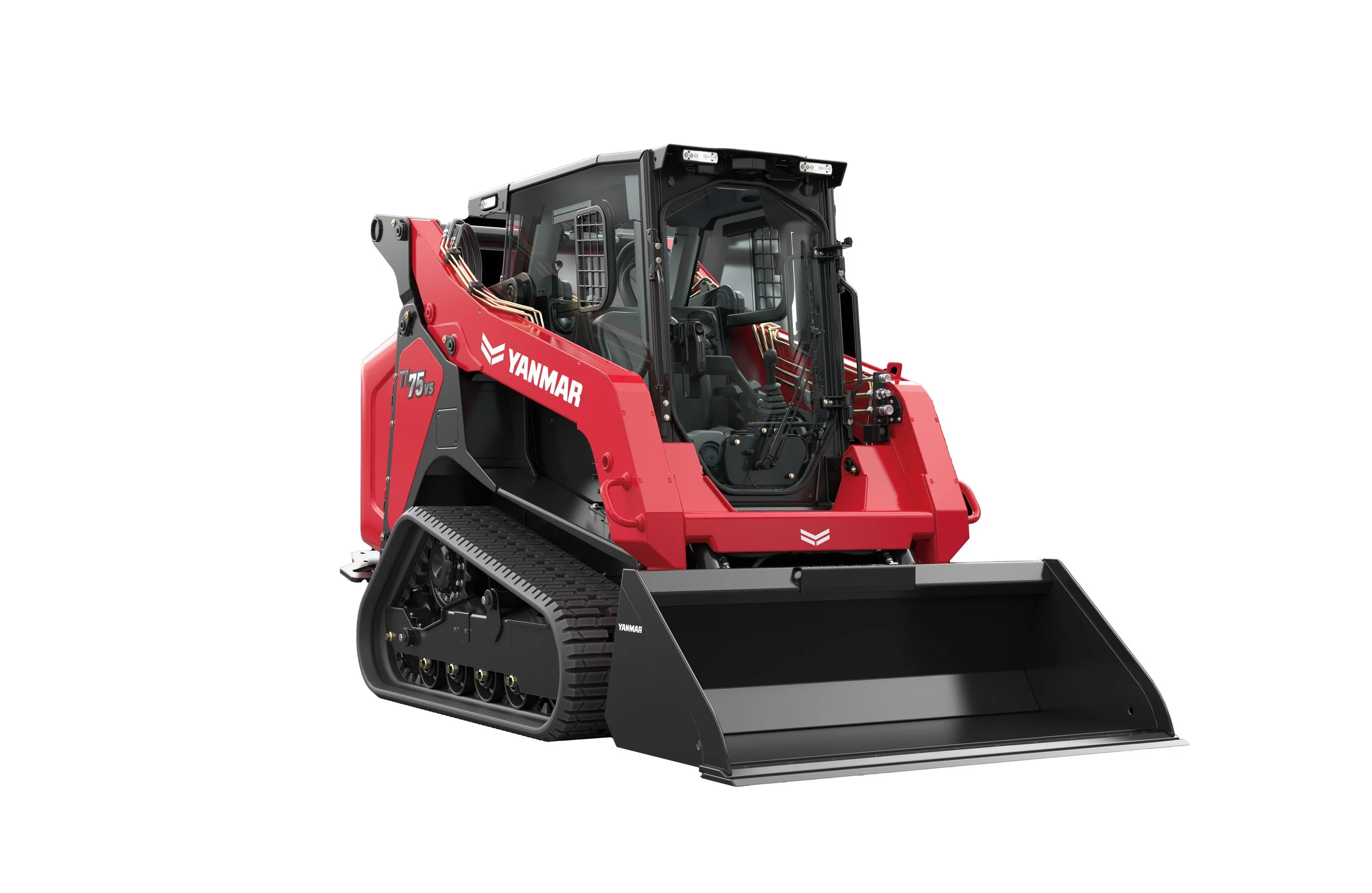 Red compact bulldozer with tracks, labeled Yanmar, with a front blade, isolated on white background.