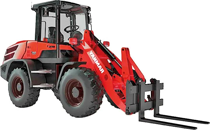 Red Yanmar wheel loader with black tires and a front loader bucket.