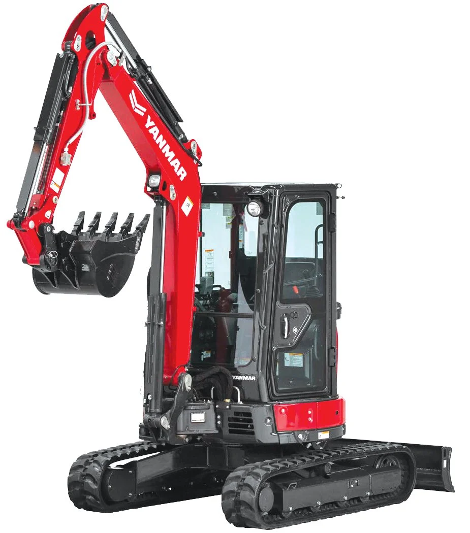 Red and black compact excavator with cabin, tracked wheels, and Yanmar branding.