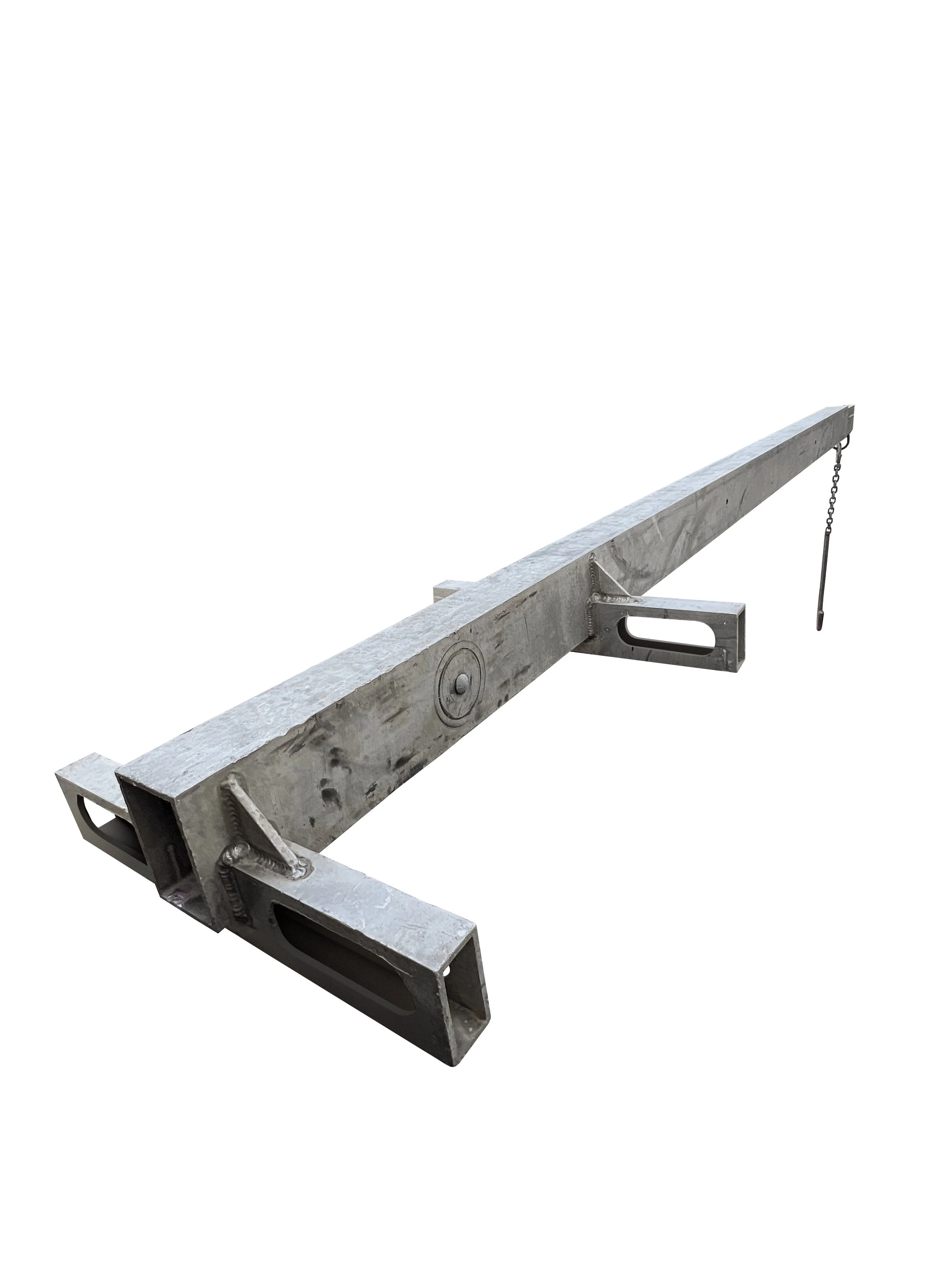 A metal ladder with a flat, elongated structure and two support brackets, isolated on a white background.