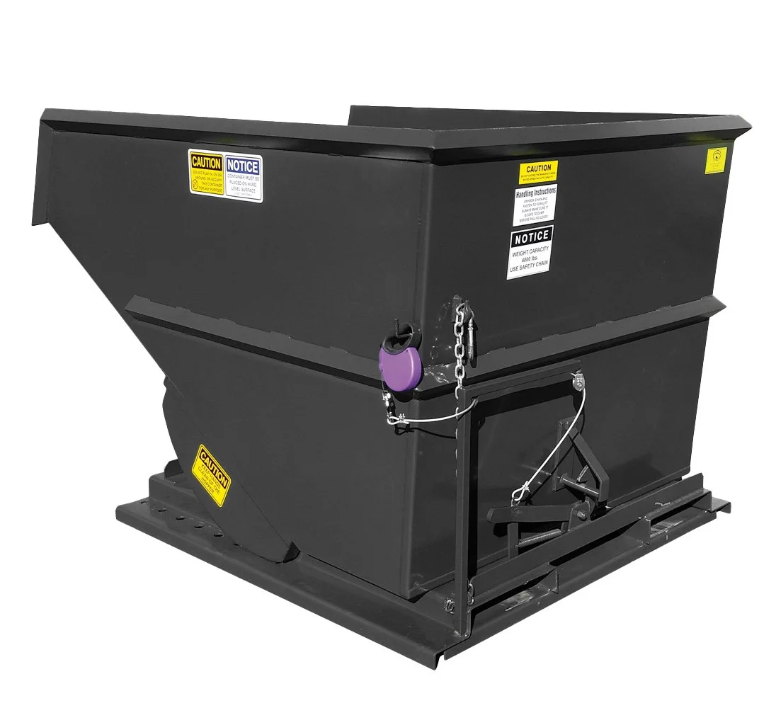 Large black industrial dumpster with warning labels and a purple lock on the side.