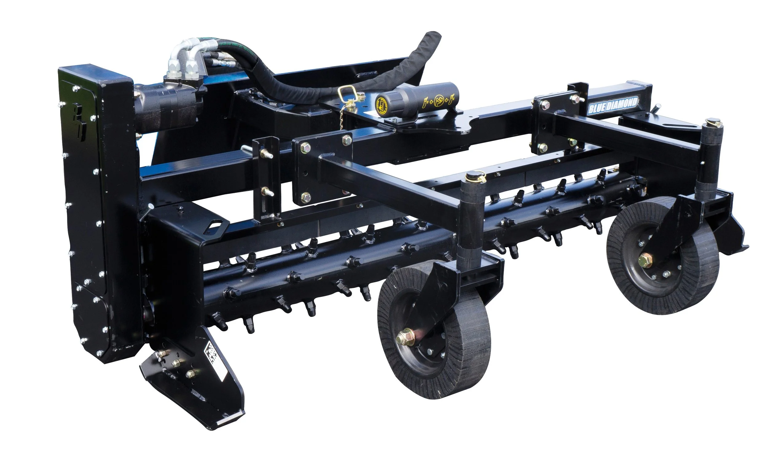 Heavy-duty landscape rototiller attachment with black metal frame, large rubber wheels, and multiple rotating blades, labeled Blue Diamond.