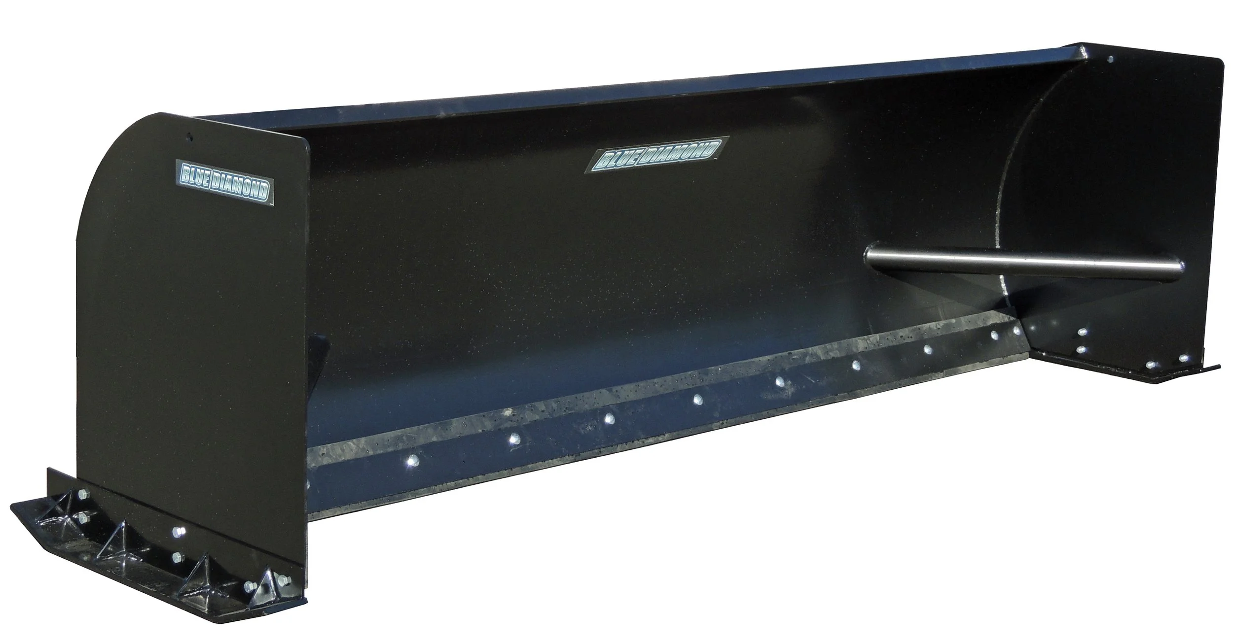 A large black snowplow blade with metal braces and push frame for attaching to a tractor or front-end loader.