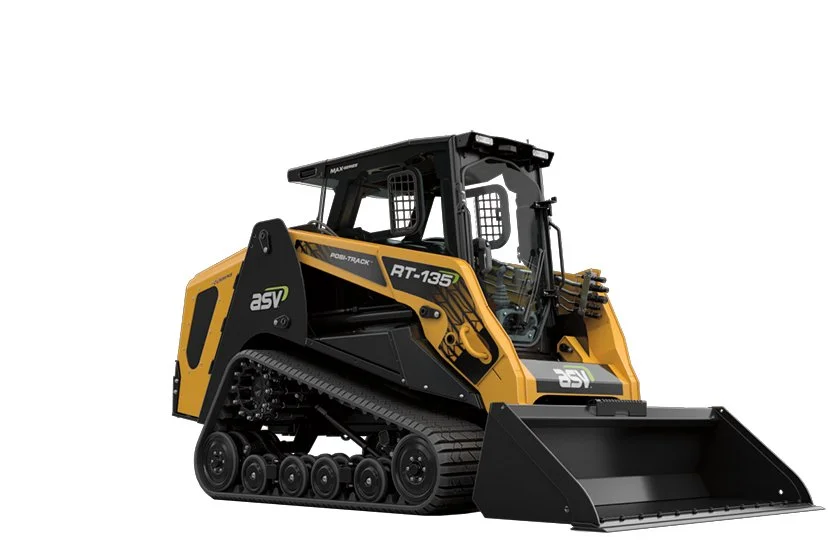 A yellow and black ASV RT-135 compact track loader with a front bucket attachment.