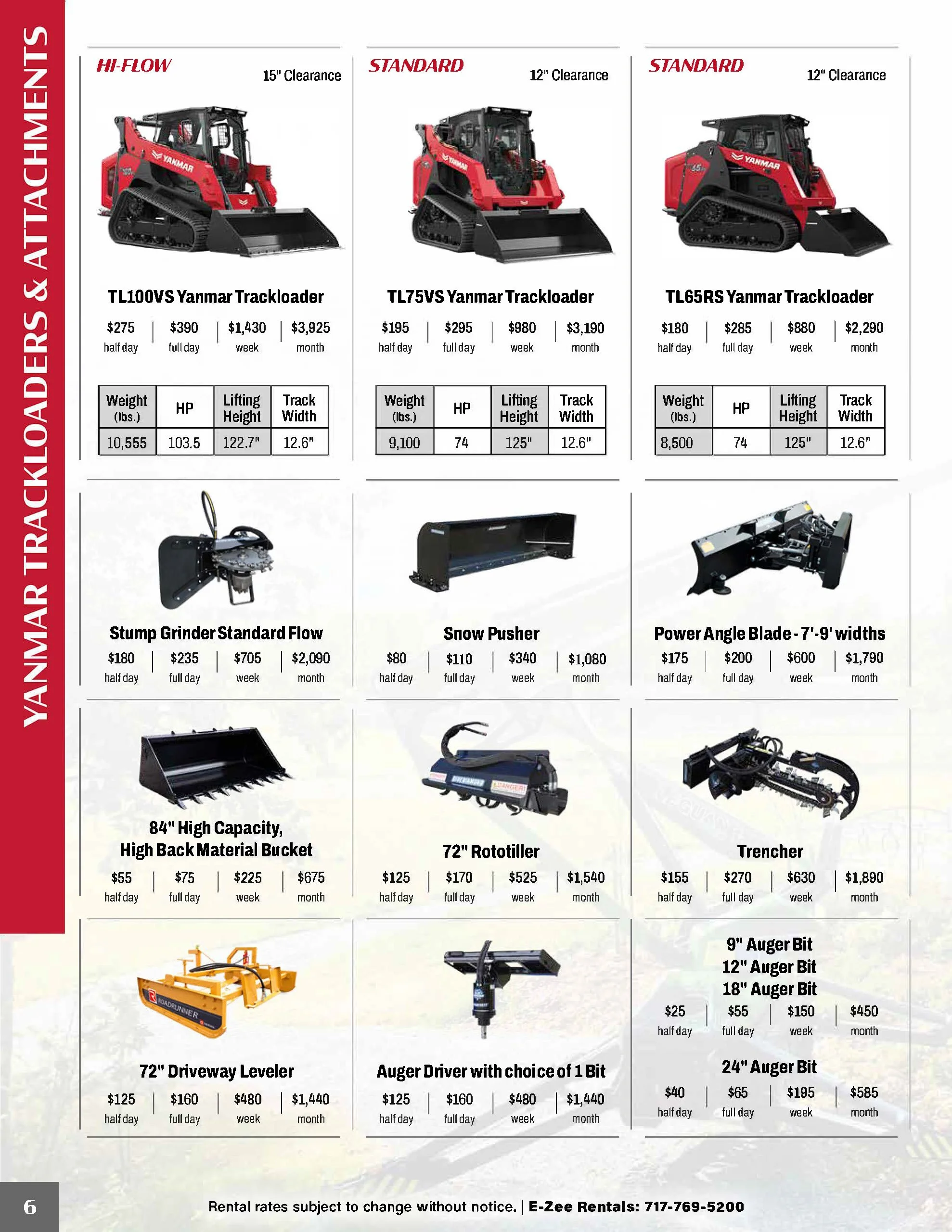 A product catalog page featuring Yanmar tracked loaders and attachments, including models TL100VS, TL75VS, TL65RS, a Stump Grinder, Snow Pusher, Power Angle Blade, bucket, rototiller, trenchers, driveway leveler, and auger drivers with prices and spe
