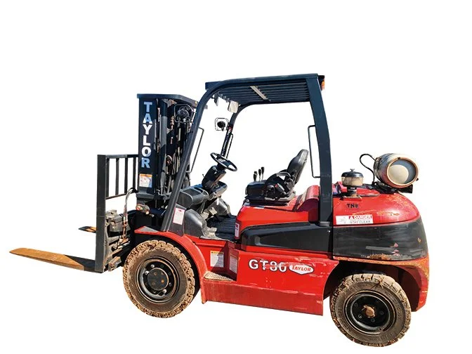 Red forklift with black accents, labeled 'GT60' and 'TAYLOR', with a propane tank attached at the back, isolated on white background.
