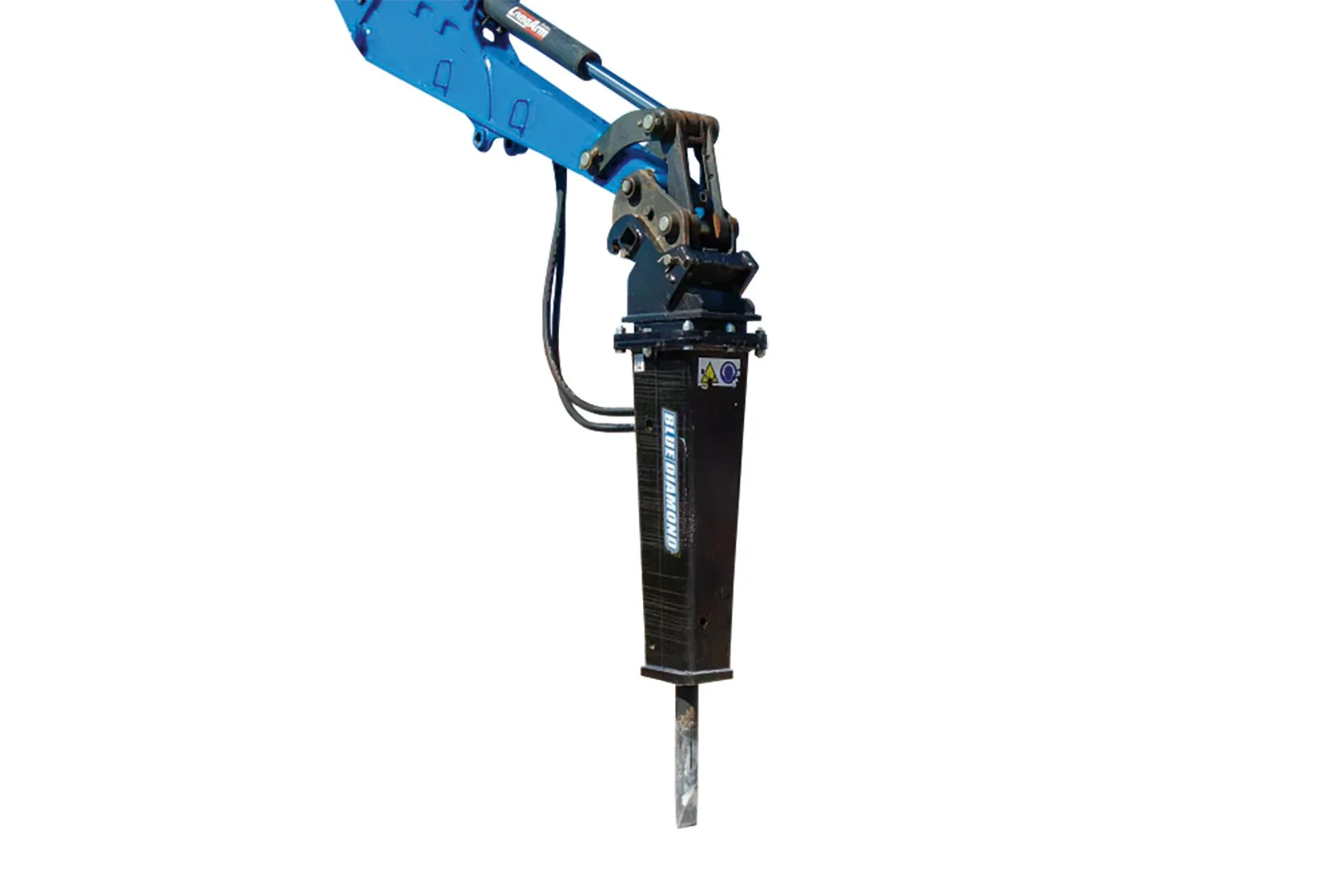 A hydraulic rockbreaker attachment mounted on an excavator arm, used for breaking rocks and concrete in construction and demolition projects.