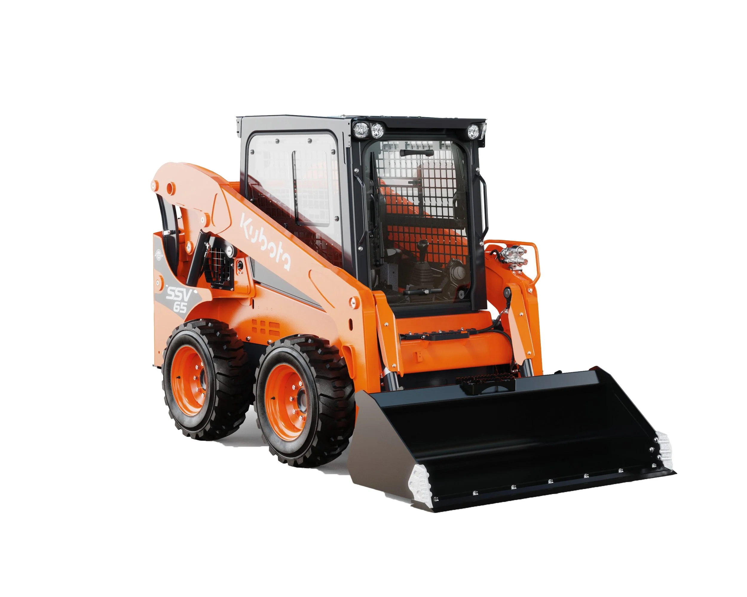Small Kubota skid-steer loader in orange, equipped with a black bucket attachment, isolated on white background.