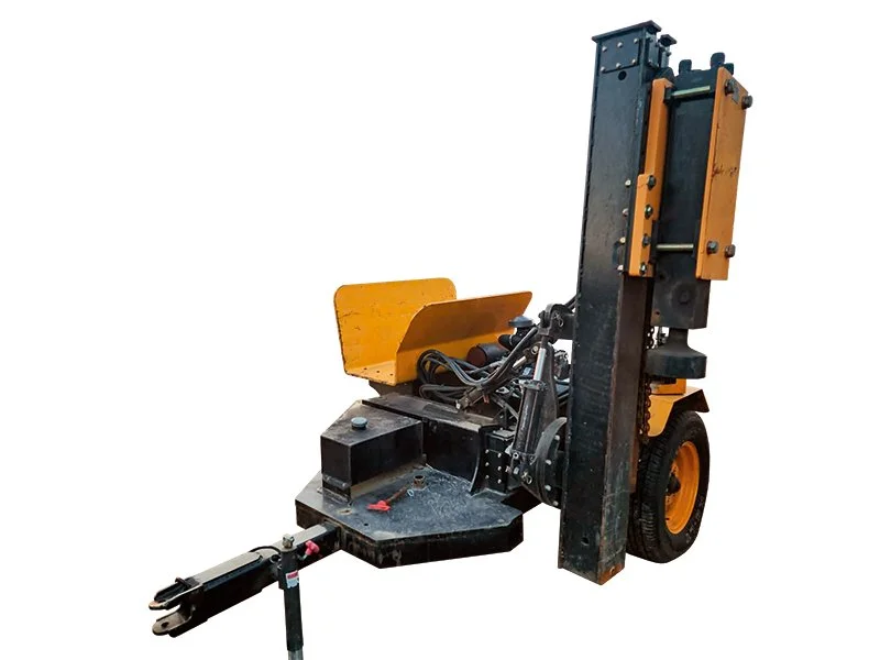 A wood splitter with a yellow safety shield, black and yellow frame, large wheel, and hydraulic components for splitting wood.