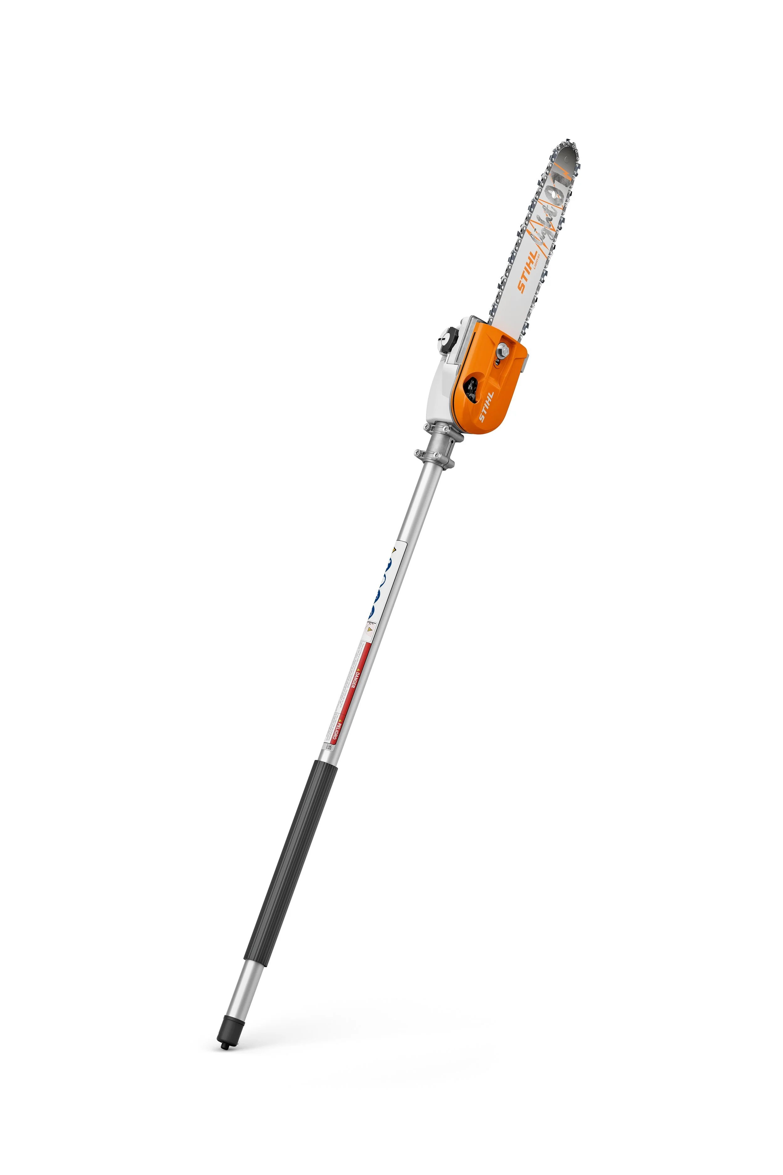 A cordless electric pole chainsaw with an orange and gray body and a long silver extension pole.