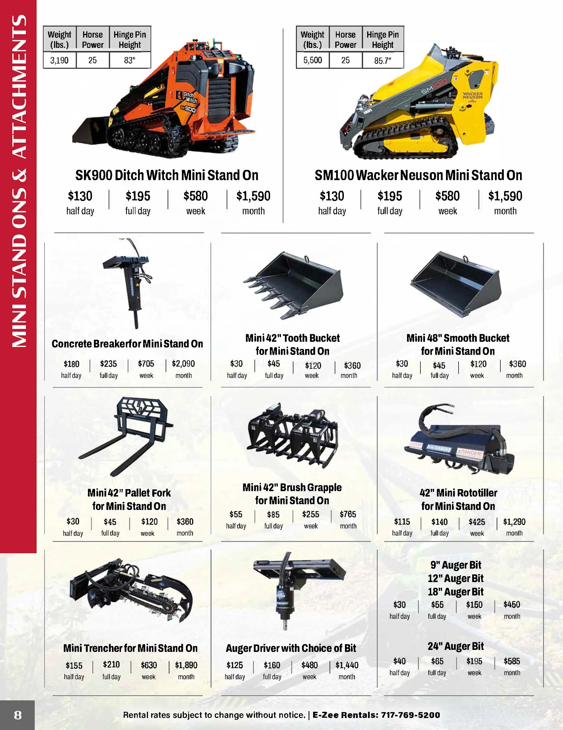 A catalog page displaying mini stand-on equipment including miniature skid steer loaders, buckets, mini pallets, grapples, rototillers, trenchers, and auger bits, each with pricing and rental options.