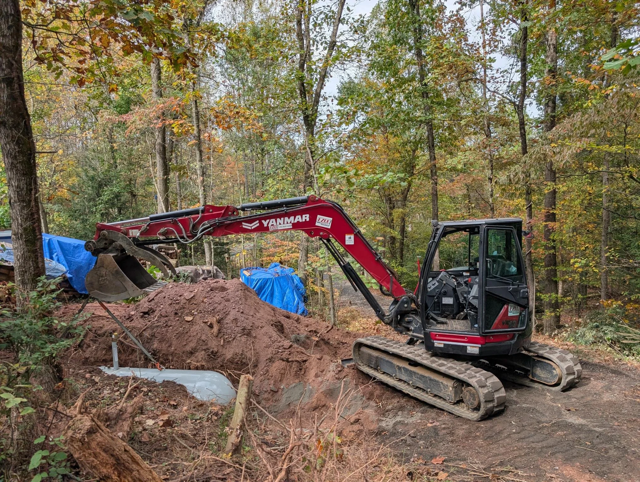 A small red and black excavator working in a wooded area, with dirt and pipes nearby, surrounded by trees with autumn foliage, some covered with blue tarps.