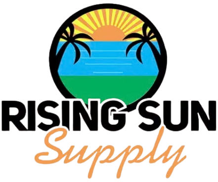 Sunset over the ocean with palm trees, with text saying "Rising Sun" and "Supplies".