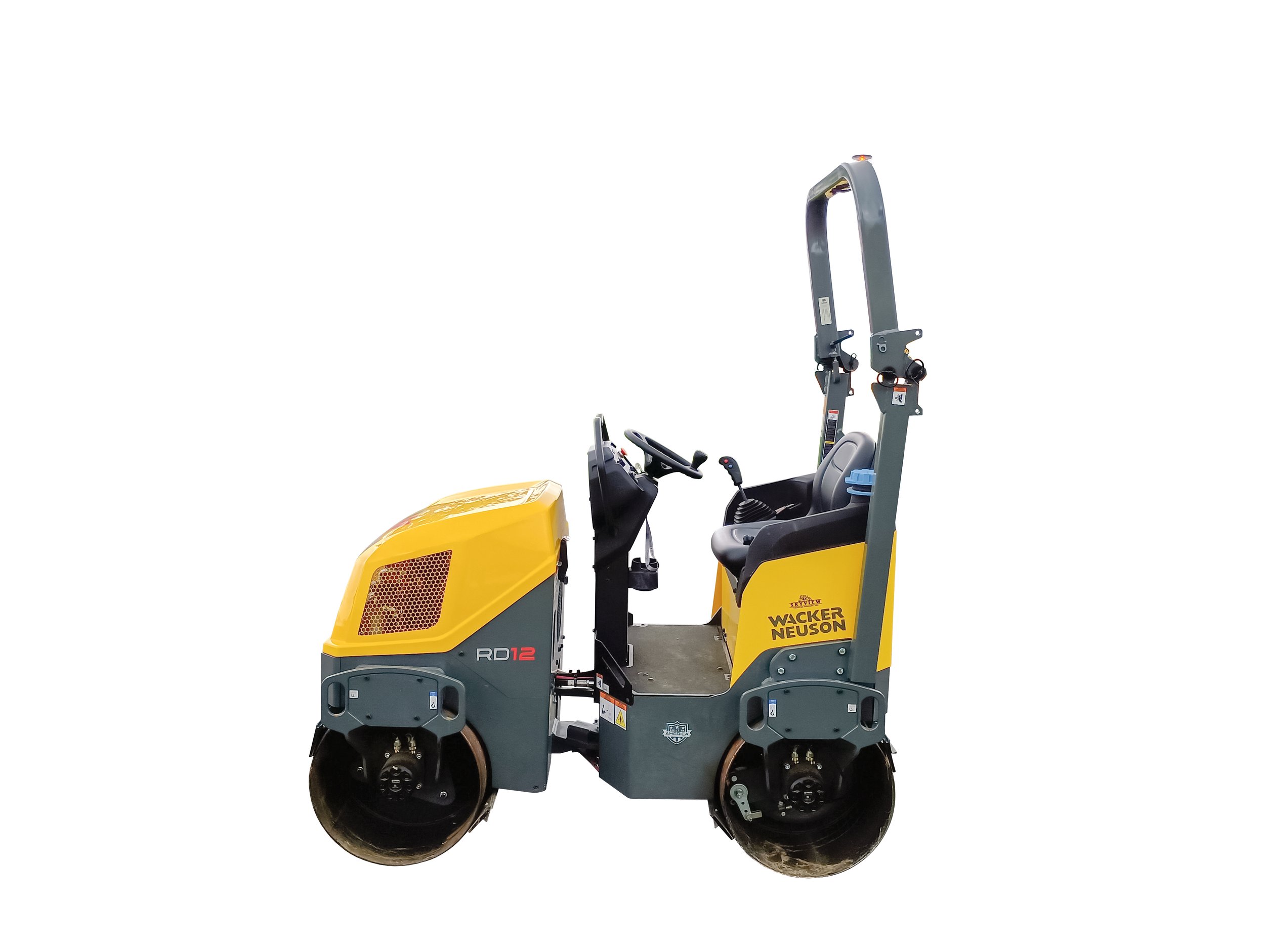 Yellow and gray Wacker Neuson RD12 single drum vibratory roller compactor isolated on white background.