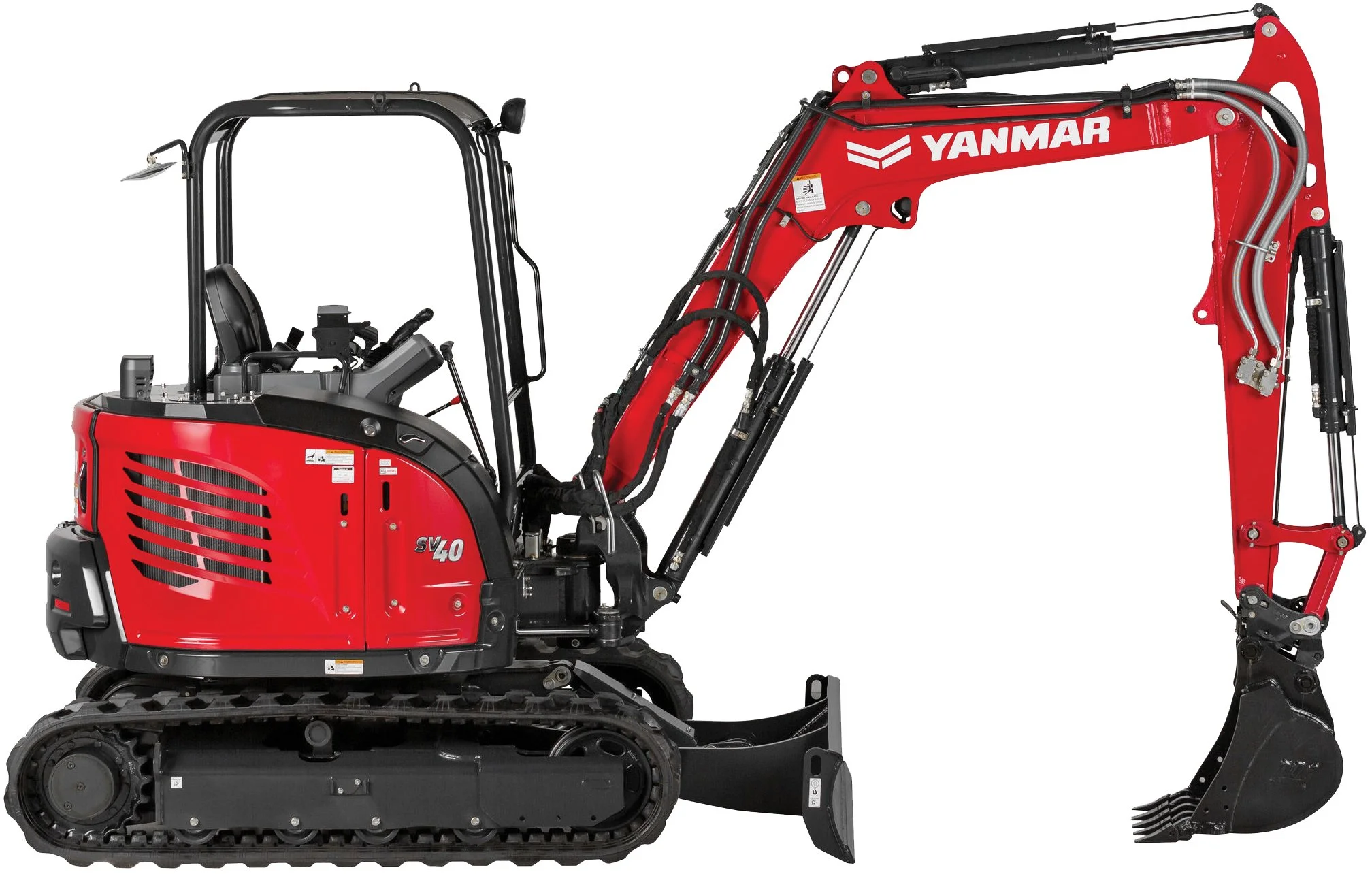 Red Yanmar SV40 mini excavator with tracked chassis and a bucket attachment.