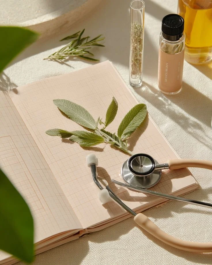 A stethoscope resting on a notebook with a sprig of sage leaves, surrounded by herbal remedies and a test tube of herbs.
