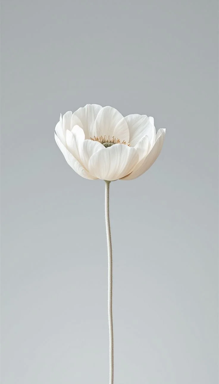 A single white flower with soft petals and a long, slender stem against a plain, light gray background.