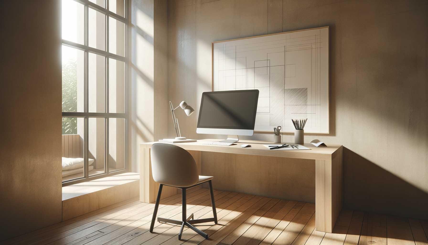 Minimalist home office with a wooden desk, computer, desk lamp, documents, and art supplies, illuminated by natural light from large window, with a framed blueprint on the wall.