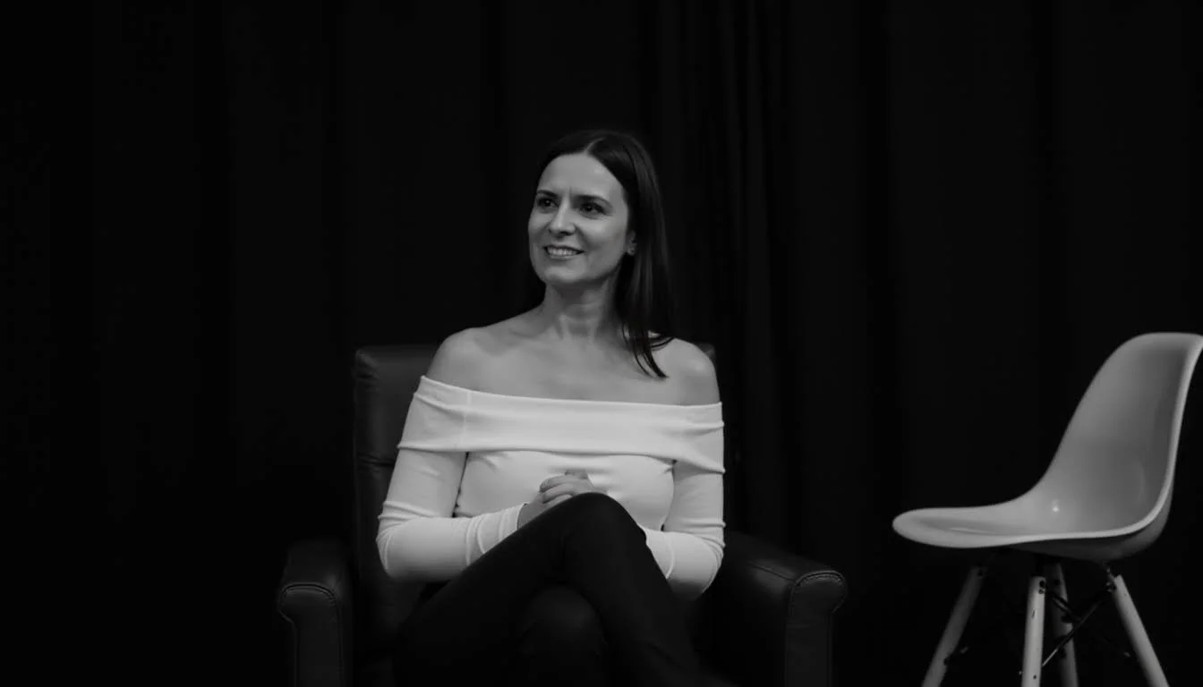 A woman sitting on a black leather chair, smiling and looking to her right, with a white modern chair nearby on a dark background.