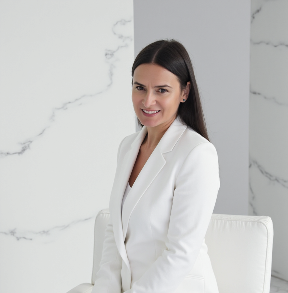 A woman with long dark hair wearing a white blazer sitting on a white chair in front of a marble wall.