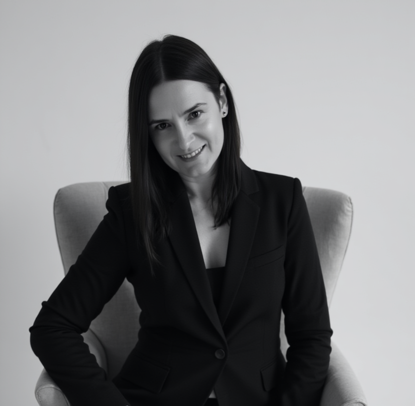 A woman with dark hair, wearing a black blazer, sitting in a light-colored armchair against a plain background, smiling at the camera.