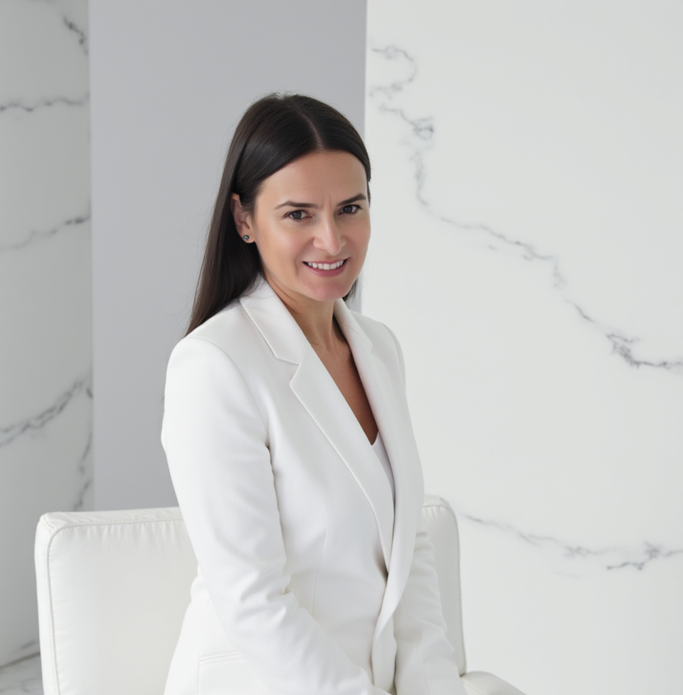 A woman with long dark hair, wearing a white blazer, smiling at the camera, sitting on a white chair in front of a white marble wall.