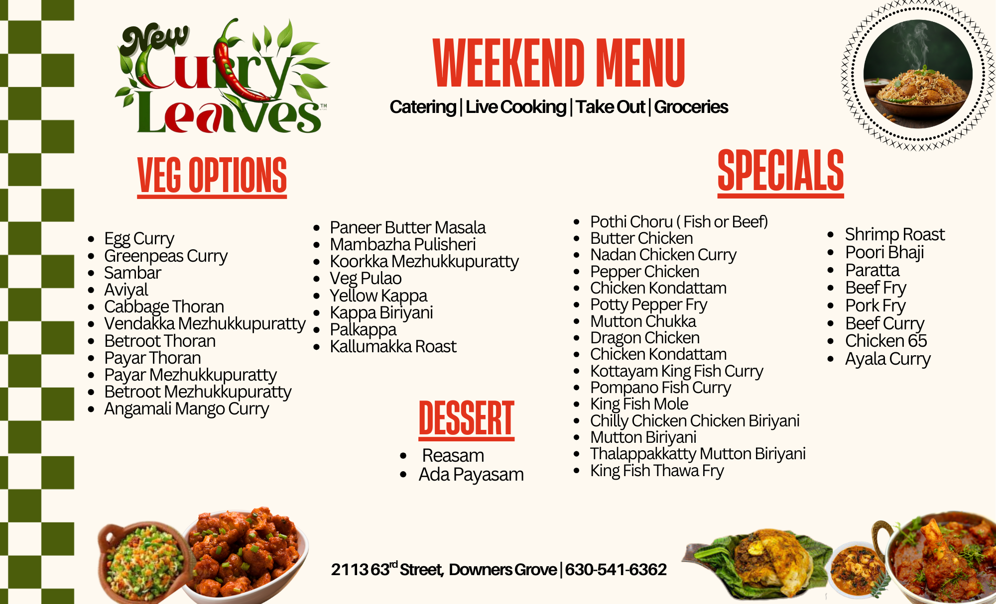 Weekend menu of New Curry Leaves restaurant featuring vegetarian options, specials, and desserts, with images of Indian dishes at the bottom.