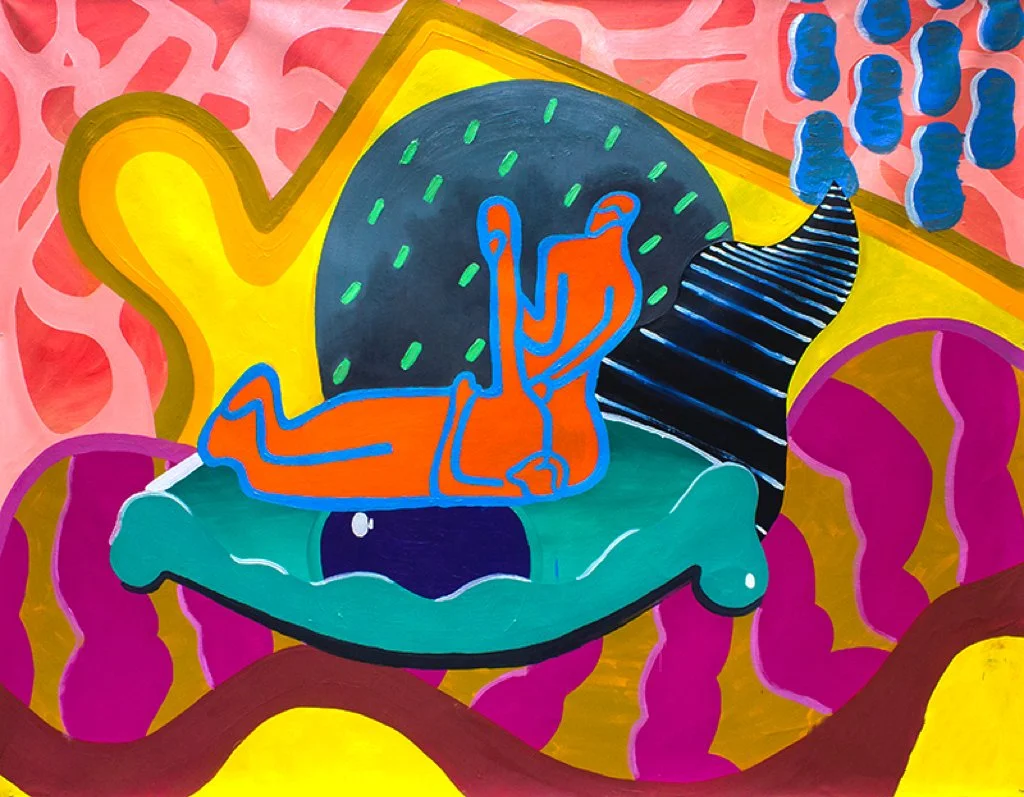 On a Bed #1. 2014. Oil on unstretched canvas, 54" x 70"