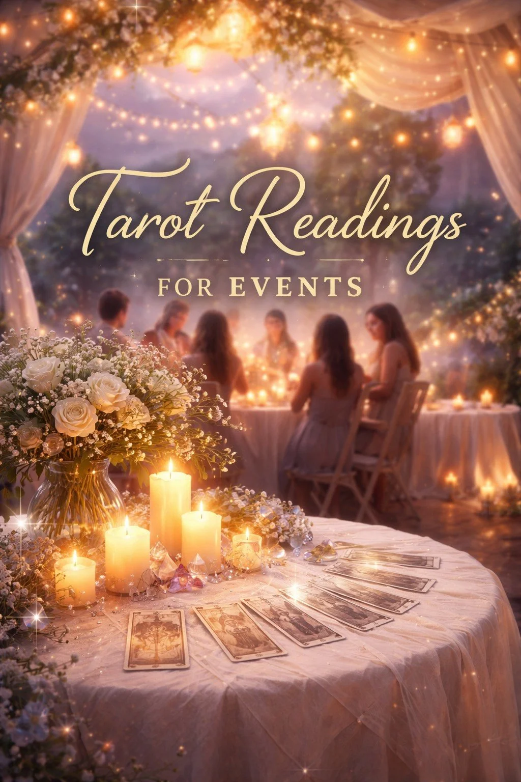 Tarot reading event with cards, candles, and a small group gathered for intuitive guidance.