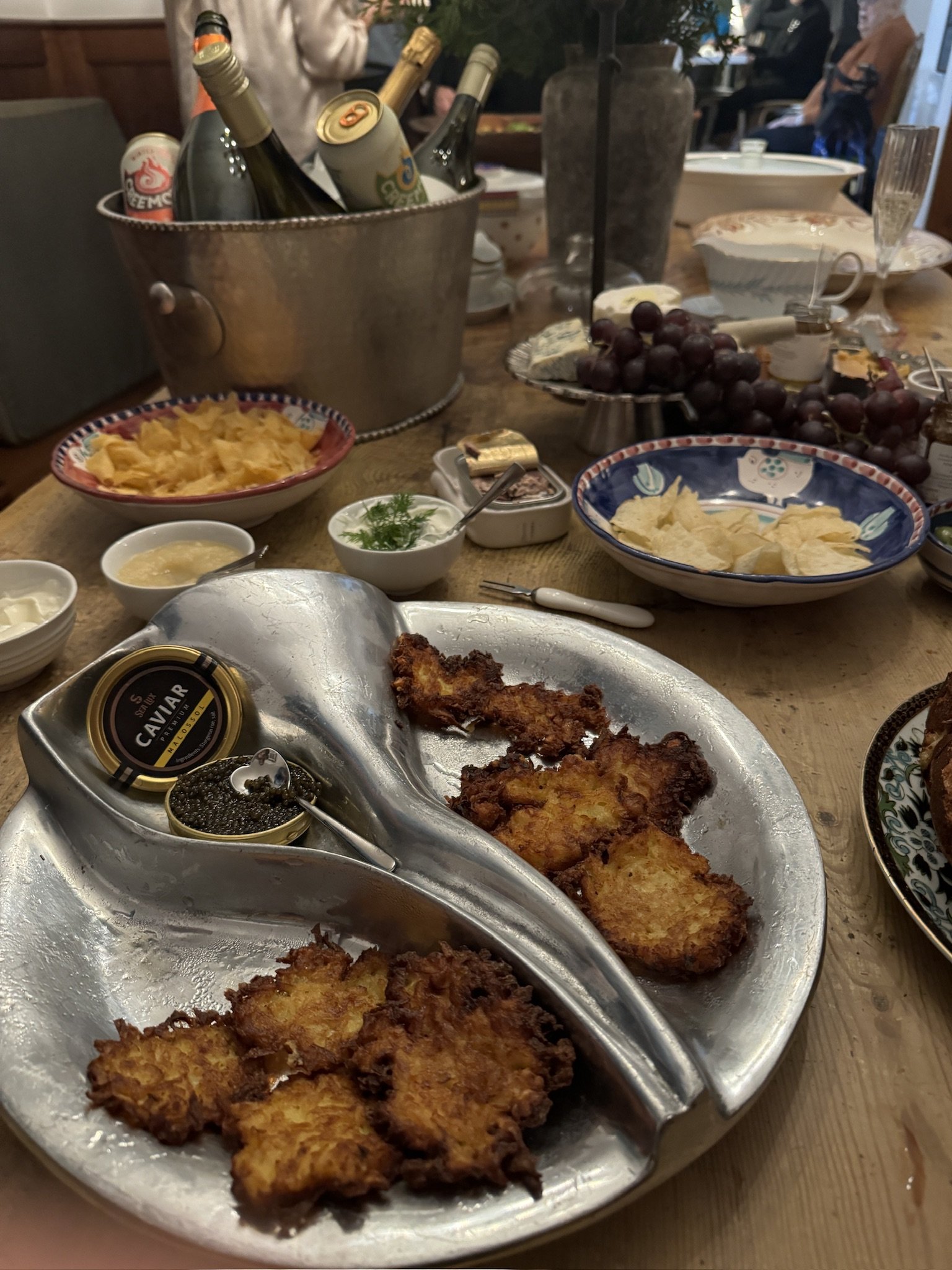 Latkes and caviar in action at a private dinner party. 