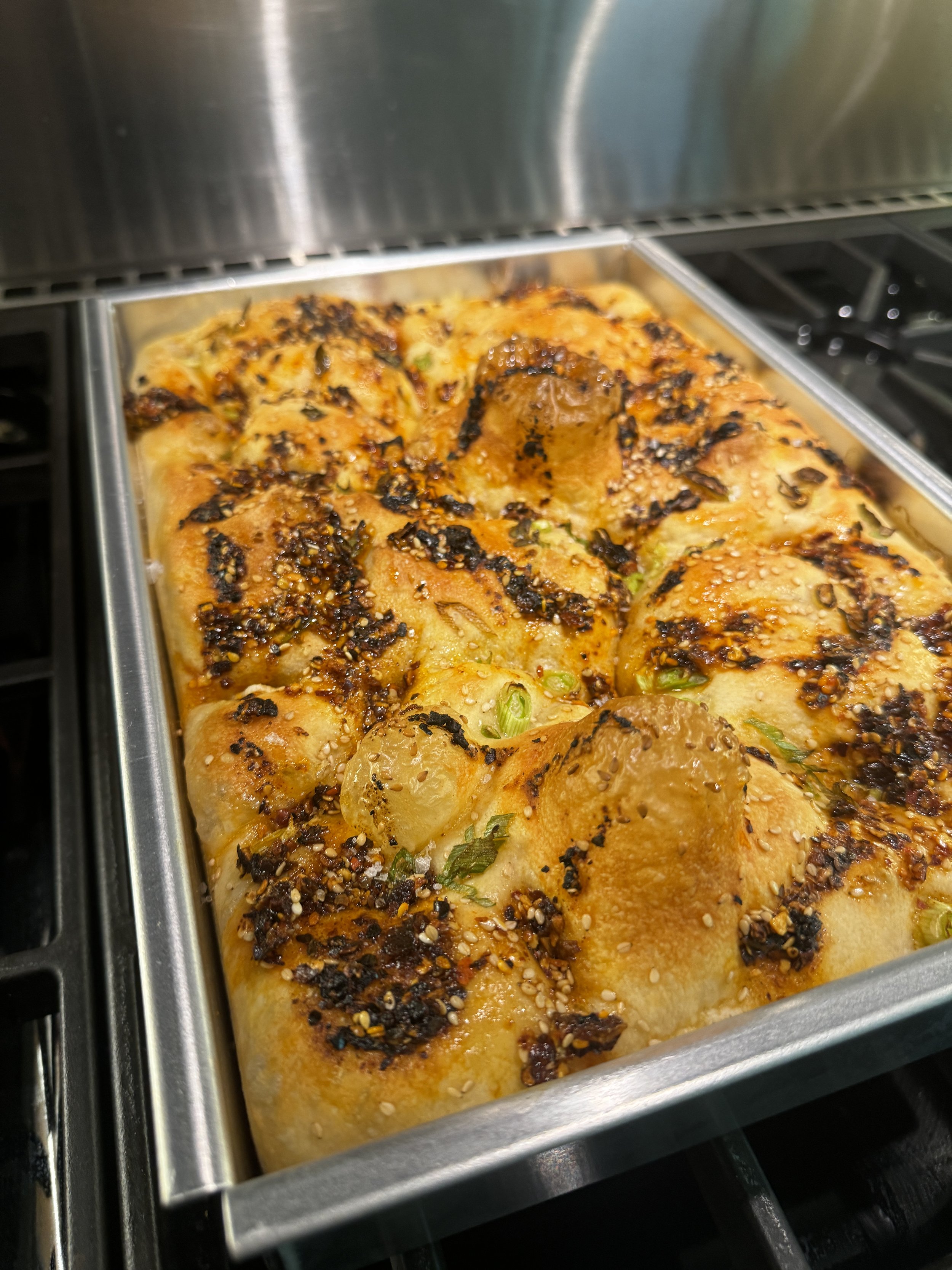Chili crisp and green onion Focaccia.