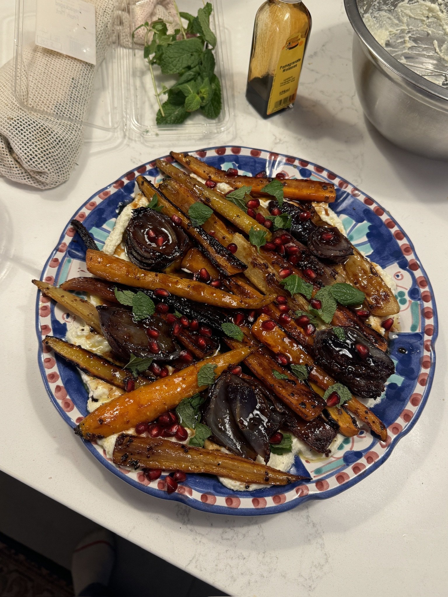 Roasted veggies on whipped feta with pomegranate molasses. 