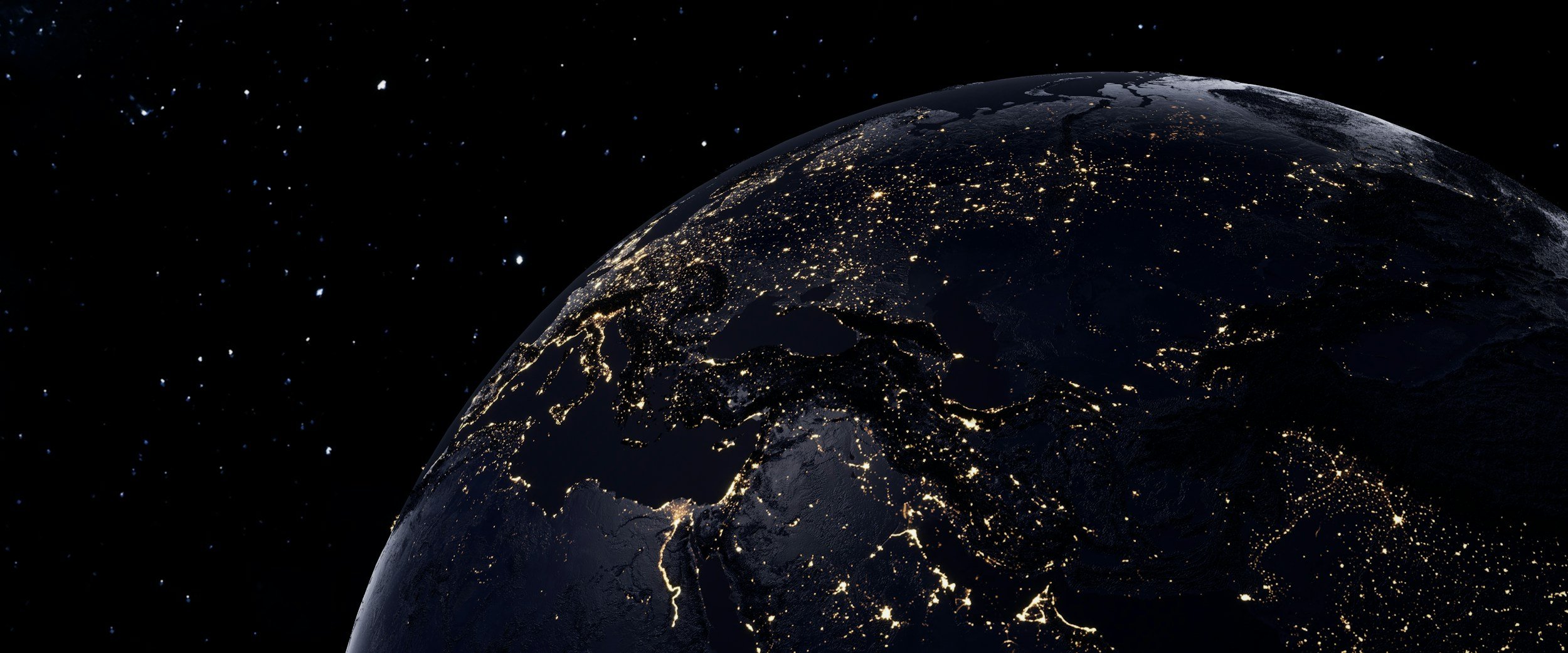 Earth viewed from space, with stars in the background and lights on the Earth's surface