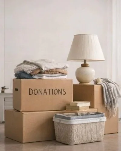 Stacked cardboard boxes labeled donations, with folded clothes on top, a table lamp, a small stack of books, and a wicker basket in a room with a white wall.