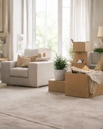 Living room with a white sofa, beige cushions, a potted plant, cardboard boxes, and large windows with curtains.