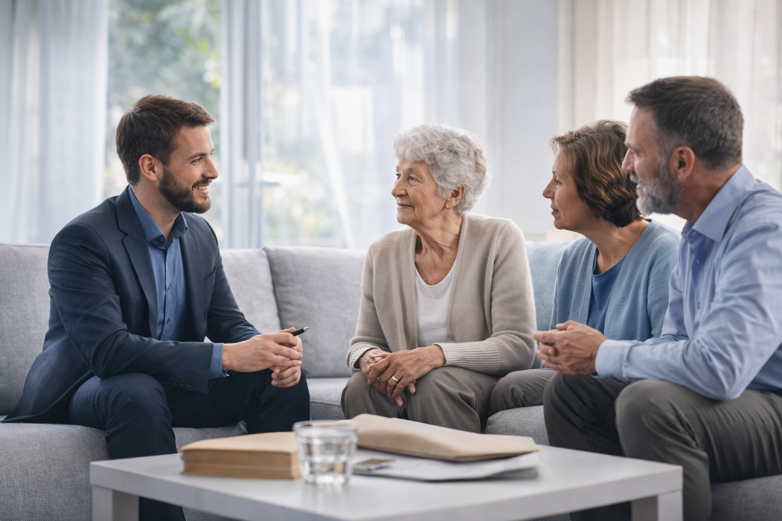 A young man and an older woman are talking, sitting on a grey sofa with a middle-aged woman and an older man, all smiling in a bright living room.