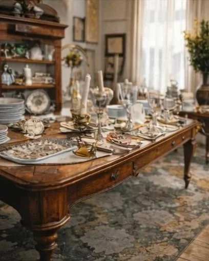 A long wooden dining table set with plates, glasses, and candles in a well-lit room with shelves and curtains.