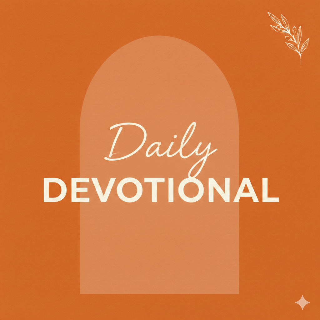 Orange background with a soft pink arch in the center. The words "Daily Devotional" are written in white, with "Daily" in a cursive font and "Devotional" in bold capital letters. A small decorative leaf design is in the top right corner, and a small star shape is in the bottom right corner.