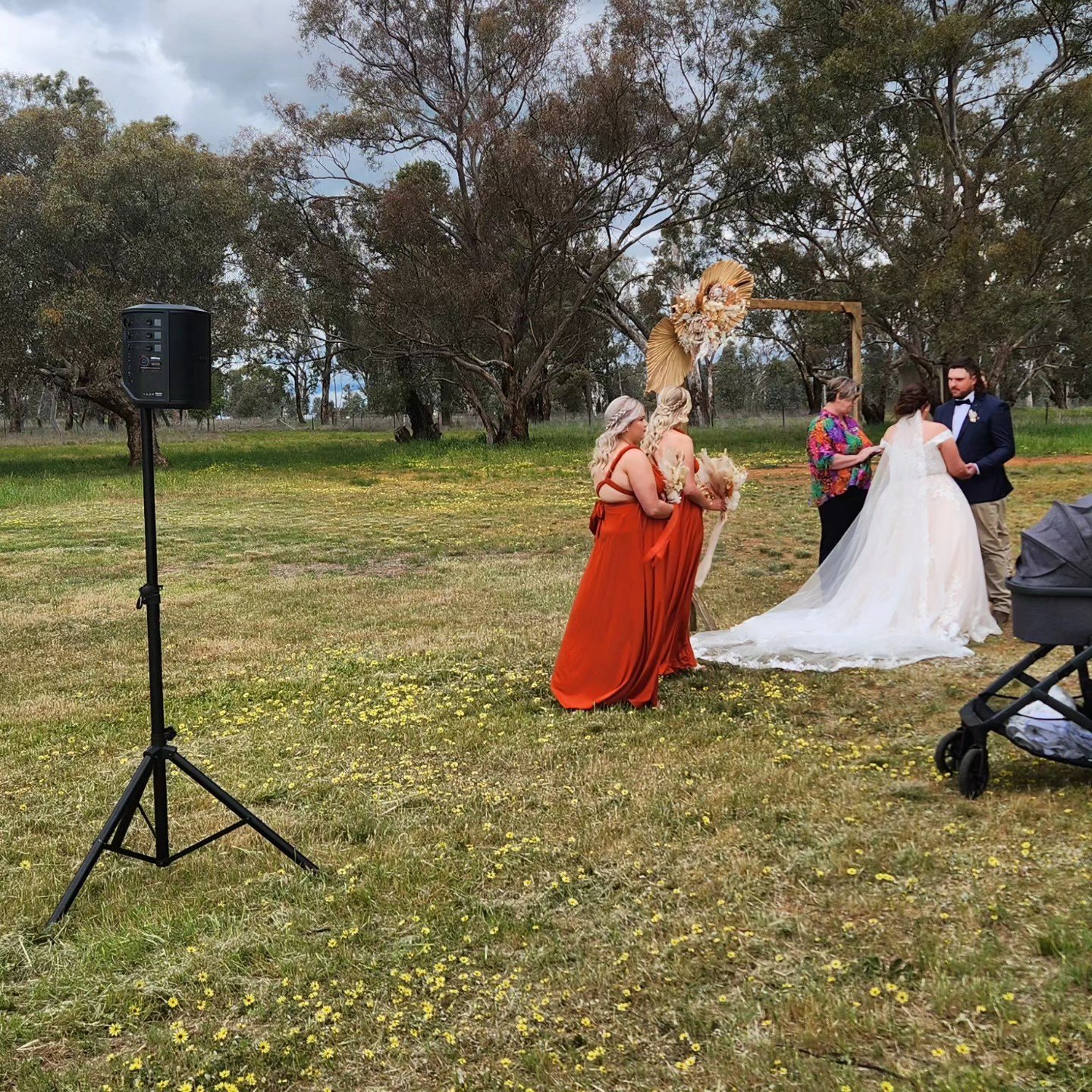Outdoor wedding ceremony with a bride and groom exchanging vows, officiant reading, and bridesmaids present, set on grassy field with trees, speaker on stand nearby.
