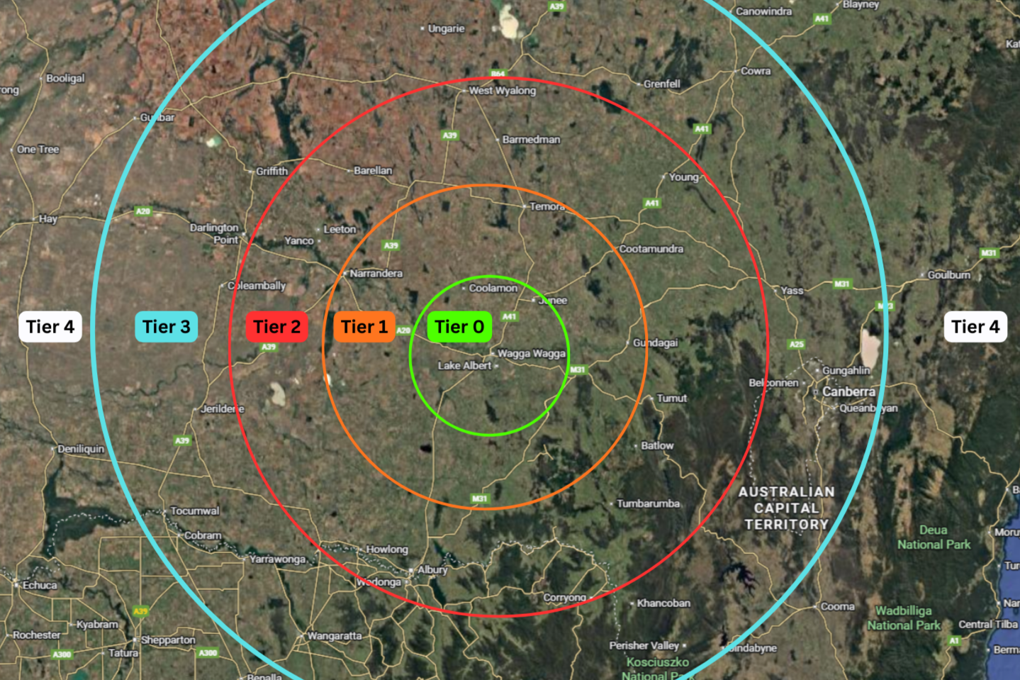 Map with concentric circles labeled from zero to four, indicating distance tiers from a central point in Canberra, Australia.