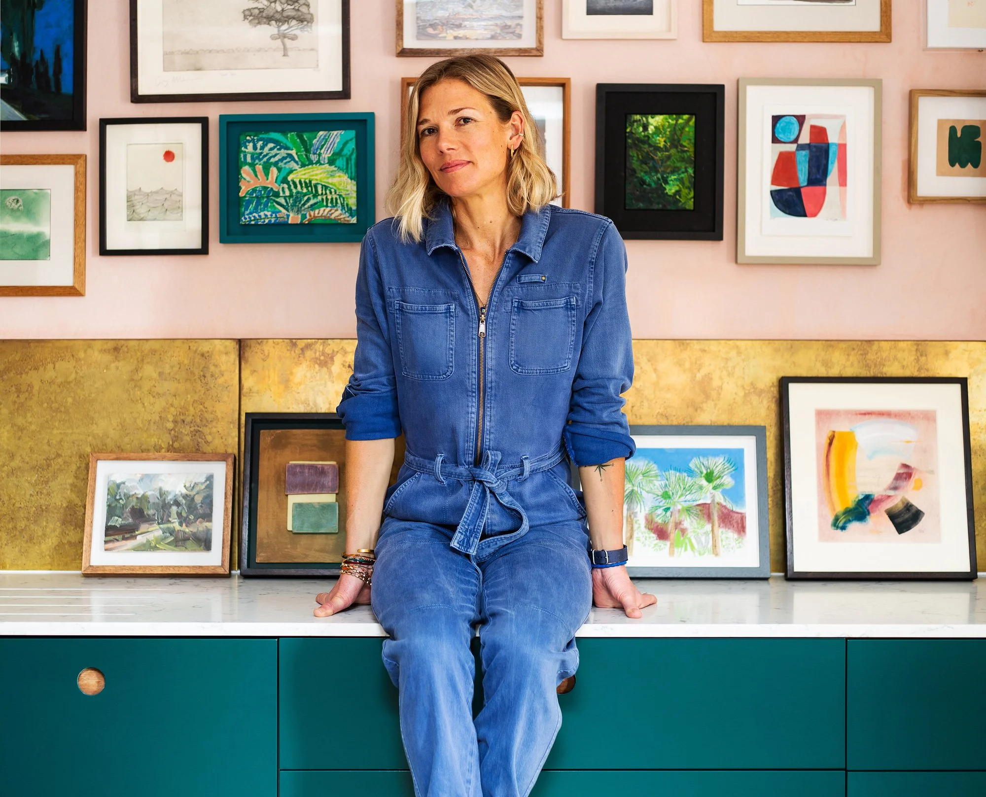 Portrait of Davina Barber with small original works by Kate Giles, Harry Cory Wright and Cornelia FitzRoy