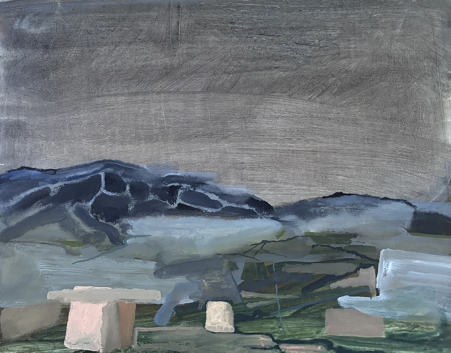 Original painting of strawstacks in a landscape by artist Gabriel Langlands