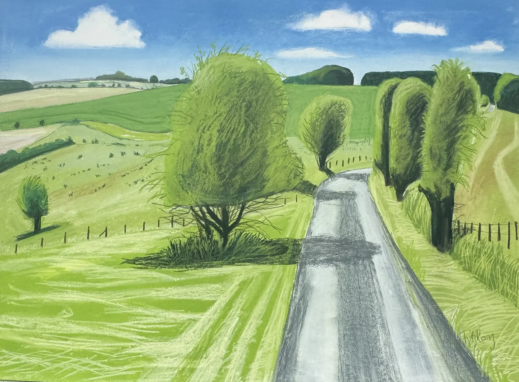 Original pastel on paper of a Dorset landscape by artist Cornelia FitzRoy