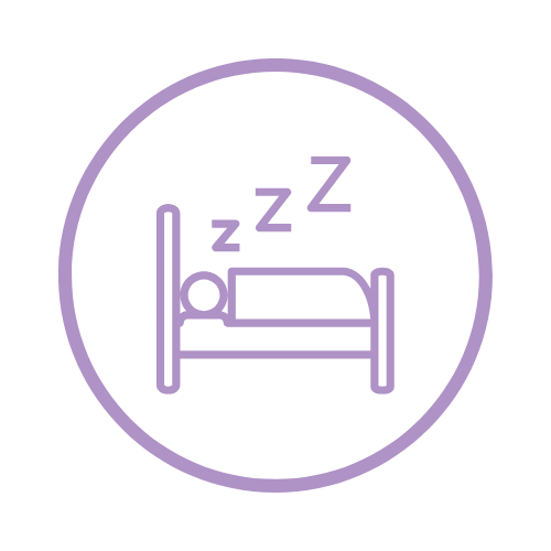 A purple outline of a person sleeping in bed with three Z's above, inside a circle.